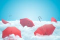 3d Rendering Of Set Of Red Open Umbrellas On Layer Of Thick White Fluffy Clouds Under Blue Sky.