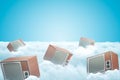 3d rendering of set of retro TV sets on thick layer of white fluffy clouds with blue sky above.
