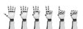 3d rendering of a set of robotic arms each showing a different number of pointed fingers.