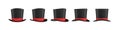 3d rendering of a set of several black magician`s hats with one red stripe in different side views.