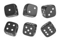 3d rendering of a set of six black dice with white dots hanging in half turn showing different numbers.