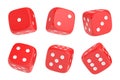 3d rendering of a set of six red dice with white dots hanging in half turn showing different numbers. Royalty Free Stock Photo