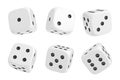 3d rendering of a set of six white dice with black dots hanging in half turn showing different numbers.