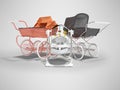 3D rendering set for sleeping baby, orange and black two baby strollers for walk and rocking chair with toys on gray background Royalty Free Stock Photo