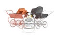 3D rendering set for sleeping baby, orange and black two baby strollers for walk and rocking chair with toys on white background Royalty Free Stock Photo