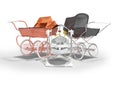 3D rendering set for sleeping baby, orange and black two baby strollers for walk and rocking chair with toys on white background Royalty Free Stock Photo