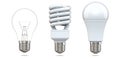 3d rendering set of tungsten bulb, fluorescent bulb and LED bulb. 3d illustration, evolution of energy saver lamps Royalty Free Stock Photo
