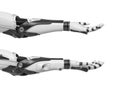 3d rendering of set of two black and white robotic hands with open palms turned upwards.