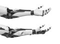 3d rendering of set of two black and white robotic hands with palms open and fingers relaxed and sticking out.