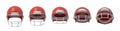 3d rendering of several American football helmets in red color shown in front view with differently opened front grid