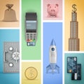 3d rendering of several color blocks containing financial objects: a piggy bank, a pos-terminal, a credit card.