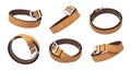 3d rendering several isolated brown leather belts rolled and with fastened buckles, on a white background.