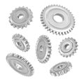 3d rendering of several metal spur gears hanging in different angles on a white background. Royalty Free Stock Photo