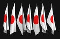 several pattern of Folding Japanese national flags row with clipping path isolated on black background