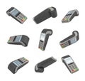 3d rendering of several randomly placed payment terminals on white background.