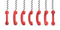 3d rendering of several red retro phone receivers hanging from their black cords on a white background.