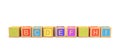 3d rendering of several wooden toy bricks with English letters in alphabetic order on a white background.