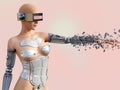 3D rendering of a female android robot breaking apart.