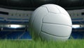 3d rendering in shallow depth of focus of closeup clean soccer ball on green grass pitch isolated on European football stadium