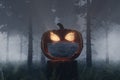 3d rendering of shiny halloween Jack-o-Lantern pumpkin covered with a face mask at foggy forest Royalty Free Stock Photo
