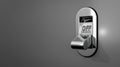 3D illustration / rendering of a chrome light switch in the OFF position on a gray wall