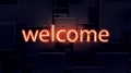 3D rendering of shiny 'welcome' inscription on dark abstract background