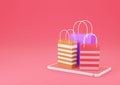 3d Rendering Shopping Bag on Smartphone on Red Background