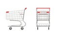 3d rendering of a shopping cart with a red handle in front and side view on white background. Royalty Free Stock Photo