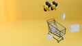 3d rendering, shopping cart yellow background, copy space, shopping and shopping bags Royalty Free Stock Photo