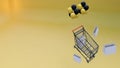 3d rendering, shopping cart yellow background, copy space, shopping and shopping bags Royalty Free Stock Photo