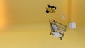 3d rendering, shopping cart yellow background, copy space, shopping and shopping bags Royalty Free Stock Photo