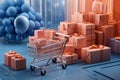 3D rendering of a shopping day scene with a dynamic cube platform background