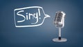 3d rendering of a short silver retro microphone stands on a blue background with a speech bubble as if saying a word Royalty Free Stock Photo