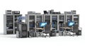 Server Room Render with Server Racks and Workstations on White Backdrop Showing Complex Technology Infrastructure and Royalty Free Stock Photo