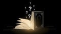 A 3D rendering showing an open Quran with question marks floating above it on a black background. Royalty Free Stock Photo