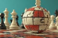 A 3D rendering shows a sphere with a checkered pattern and a chess board equipped with chess pieces Royalty Free Stock Photo