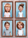 3D rendering of silly cartoon family portraits on the wall