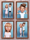 3D rendering of silly cartoon family portraits on the wall