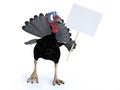 3D rendering of a silly toon turkey looking at blank sign. Royalty Free Stock Photo