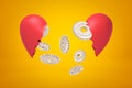 3d rendering of silver gear wheels falling between two red broken heart pieces on yellow background Royalty Free Stock Photo