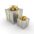 3d rendering of silver gift boxes with golden ribbon ov Royalty Free Stock Photo
