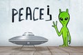 3d rendering of silver metal UFO above white wooden floor with green alien and PEACE sign drawn on the wall