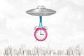 3d rendering of silver metal UFO carrying pink alarm clock on white city skyscrapers background Royalty Free Stock Photo