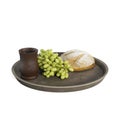 3D rendering of a silver platter featuring grapes, bread and a cup isolated on a white background. Royalty Free Stock Photo