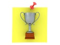 3D Rendering of silver trophy on yellow sticky note Royalty Free Stock Photo