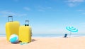 Suitcases with beach accessories on sandy seashore on summer day