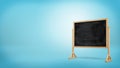 3d rendering of a single black chalkboard with white smudges stands on a wooden frame on blue background. Royalty Free Stock Photo