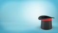 3d rendering of a single black illusionist` hat with a red ribbon stands upside down on a blue background. Royalty Free Stock Photo