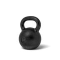 3d rendering of a single black iron 24 kg kettlebell isolated on white background.