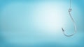3d rendering of a single large silver hook hangs from a string without any catch on a blue background. Royalty Free Stock Photo
